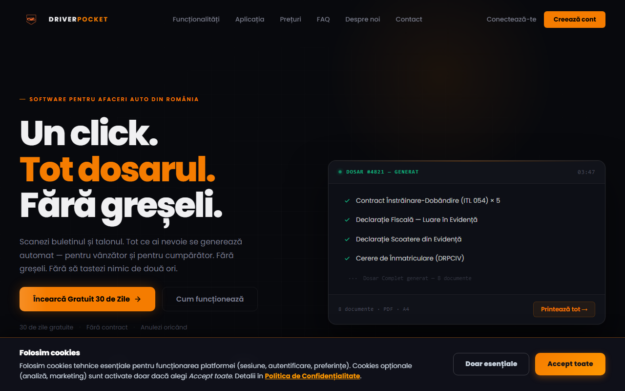 DriverPocket — Platformă pentru birouri de înmatriculări auto · CRM · Statistici